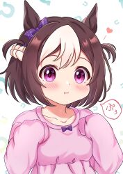 Rule 34 | 1girl, :i, blush, bow, braid, breasts, brown hair, casual, closed mouth, commentary request, ear bow, french braid, hair between eyes, hair ornament, heart, horse girl, long sleeves, looking at viewer, medium breasts, medium hair, mochitsuki wataame, multicolored hair, pink shirt, portrait, pout, purple bow, purple eyes, shirt, simple background, solo, special week (umamusume), streaked hair, umamusume, upper body, white background, white hair
