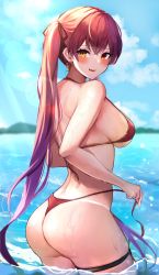 Rule 34 | 1girl, absurdres, ass, back, bare arms, bare shoulders, bikini, blurry, blurry background, blush, breasts, crossed bangs, day, earrings, fang, gradient hair, hair ribbon, halterneck, heart, heart earrings, heterochromia, highres, holding, holding clothes, hololive, houshou marine, houshou marine (summer), jewelry, large breasts, long hair, looking at viewer, looking back, multicolored hair, ocean, open mouth, outdoors, purple eyes, red bikini, red eyes, red hair, ribbon, sidelocks, skindentation, smile, solo, standing, string bikini, sunlight, swimsuit, tako 8 yaki, tan, tanline, thigh strap, twintails, untied bikini, very long hair, virtual youtuber, wading, wet, yellow eyes