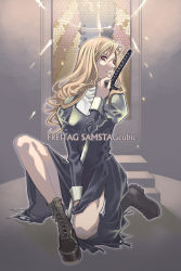 Rule 34 | 1girl, blonde hair, hidematsu (fsc), katana, nun, solo, stained glass, sword, weapon