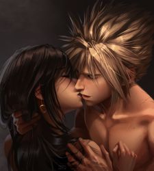 Rule 34 | 1boy, 1girl, black hair, blonde hair, closed eyes, cloud strife, collarbone, couple, crescent, crescent earrings, crescent moon, earrings, final fantasy, final fantasy vii, final fantasy vii remake, hand on another&#039;s head, hand on another&#039;s shoulder, hetero, highres, holding another&#039;s head, imminent kiss, jewelry, kiss, long hair, moon, safaia, scar, spiked hair, tifa lockhart, topless male, upper body