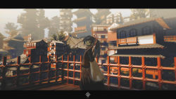 Rule 34 | 1other, ambiguous gender, architecture, bad id, bad pixiv id, balcony, black eyes, black hair, building, commentary, cowboy shot, east asian architecture, empty eyes, fence, hair ribbon, highres, japanese clothes, kimono, letterboxed, looking at viewer, meola, original, ponytail, red kimono, red ribbon, ribbon, scenery, tree, white sleeves, window