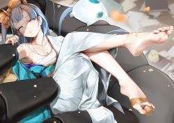 Rule 34 | 1girl, azur lane, barefoot, blue eyes, blue hair, breasts, champagne (azur lane), champagne (lapis lazuli&#039;s first dream) (azur lane), chinese commentary, commentary request, feet, foot focus, full body, hair ornament, hand up, highres, holding, holding hair, horns, japanese clothes, jewelry, kimono, legs up, long hair, looking at viewer, lying, manjuu (azur lane), necklace, obi, off shoulder, official alternate costume, on back, oshin0 (zheng), parted lips, sarashi, sash, single bare shoulder, soles, solo, toes, white kimono