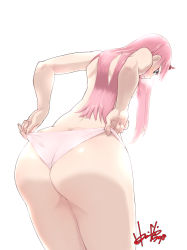 Rule 34 | 10s, 1girl, adjusting clothes, adjusting panties, artist name, ass, back, bare arms, bare back, blush, breasts, butt crack, curvy, darling in the franxx, from behind, green eyes, highres, hip focus, hori shin, horns, huge ass, leaning, leaning forward, long hair, medium breasts, panties, parted lips, pink hair, pink panties, shiny skin, simple background, smile, solo, thick thighs, thighs, topless, underwear, underwear only, wedgie, white background, wide hips, zero two (darling in the franxx)