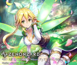 Rule 34 | 1girl, 2017, blonde hair, blush, braid, breasts, cleavage, collarbone, commentary request, copyright name, dress, elf, forest, green eyes, hair between eyes, hair ornament, hokuyuu, large breasts, leafa, long hair, looking at viewer, nature, official art, on ground, outdoors, pointy ears, ponytail, sitting, smile, solo, sword art online, thighhighs, thighs, tree, twin braids, very long hair, white thighhighs, zenonzard