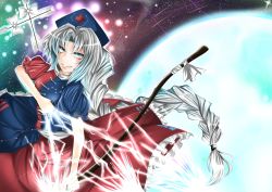 Rule 34 | 1girl, arrow (projectile), blue eyes, bow, bow (weapon), cloud, collar, collared shirt, constellation, cross, dress, electricity, energy, frills, full moon, galaxy, glowing, glowing weapon, grey hair, hair ornament, hat, highres, ichinose rom, lips, long hair, looking at viewer, moon, moonlight, multicolored clothes, multicolored dress, night, night sky, nurse, nurse cap, open mouth, plaid, plaid vest, pointy nose, puffy short sleeves, puffy sleeves, shirt, short sleeves, skirt, sky, slit pupils, smile, smug, solo, space, sparkle, star (sky), star (symbol), starry sky, strap, tabard, touhou, unsheathed, very long hair, vest, weapon, yagokoro eirin