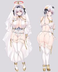 Rule 34 | 1girl, absurdres, alicia renato (yashiro sousaku), ankle strap, arm strap, ass, back, bare shoulders, belt, blush, borrowed character, breasts, chain, choker, cleavage, closed mouth, collarbone, commission, cross, crossed bangs, curvy, detached sleeves, flower, full body, garter belt, grey background, groin, hair between eyes, hair flower, hair ornament, hair ribbon, half-closed eyes, halo, hand on own chest, heterochromia, highleg, highleg leotard, highres, huge ass, huge breasts, large breasts, legs, leotard, lips, lock, long sleeves, looking at viewer, looking back, minamon (vittel221), multiple views, o-ring, original, puffy long sleeves, puffy sleeves, red eyes, ribbon, second-party source, short hair, silver hair, simple background, smile, standing, thick thighs, thigh strap, thighhighs, thighs, veil, white leotard, white thighhighs, wide hips, wrist straps, yellow eyes