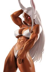 Rule 34 | 1girl, abs, animal ears, arm behind head, arm up, bare shoulders, bikini, boku no hero academia, breasts, cessa, cleavage, criss-cross halter, dark-skinned female, dark skin, glowing, glowing eyes, grin, halterneck, hand on own thigh, large breasts, long eyelashes, long hair, looking at viewer, mirko, muscular, muscular female, navel, parted bangs, rabbit ears, rabbit girl, red eyes, smile, solo, stomach, swimsuit, thick thighs, thighs, underboob, white background, white bikini, white hair