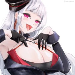 Rule 34 | 1girl, azur lane, black gloves, black headwear, breasts, cleavage, criss-cross halter, detached sleeves, gloves, half gloves, halterneck, hatte (bsrmkr), highres, huge breasts, long hair, open mouth, purple eyes, simple background, solo, upper body, white background, white hair, yorck (azur lane)