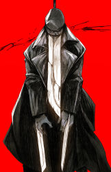 Rule 34 | 1boy, black coat, black headwear, black jacket, black pants, chainsaw man, chun lo, coat, commentary, covered face, english commentary, hat, highres, jacket, katana, katana man (chainsaw man), long coat, long sleeves, looking down, pants, red background, shirt, simple background, sword, weapon