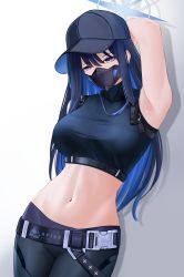 Rule 34 | 1girl, arm behind head, arm up, armpits, bare arms, baseball cap, belt, black hair, black hat, black mask, black shirt, blue archive, blue eyes, blue hair, breasts, buckle, cleavage, cowboy shot, crop top, english text, gradient hair, halo, hat, highres, large breasts, legs together, long hair, looking at viewer, mask, midriff, multicolored hair, navel, pants, saori (blue archive), shirt, simple background, sleeveless, sleeveless shirt, smitcuk, snap-fit buckle, solo, star (symbol), stomach, white background
