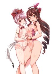 Rule 34 | 10s, 2girls, asymmetrical docking, bikini, bikini skirt, blush, bow, bracelet, breast press, breasts, brown eyes, brown hair, cameltoe, cleavage, cleft of venus, detached sleeves, diantha (granblue fantasy), granblue fantasy, hair bow, harigane shinshi, highres, holding hands, hug, interlocked fingers, jewelry, linaria (granblue fantasy), long hair, looking at viewer, medium breasts, multiple girls, navel, nipples, one-piece swimsuit, open mouth, pink hair, ponytail, see-through, simple background, small breasts, smile, swimsuit, uncensored, white background