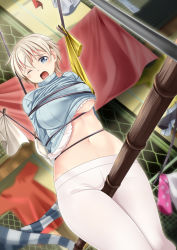 Rule 34 | 1girl, bdsm, blue eyes, blush, bondage, bound, brave witches, breasts, groin, highres, large breasts, navel, nikka edvardine katajainen, no bra, one eye closed, open mouth, pantyhose, solo, source request, tears, underboob, white hair, white pantyhose, world witches series, yasume yukito