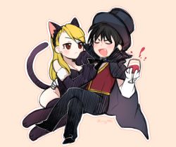 Rule 34 | 1boy, 1girl, :&lt;, animal ears, animal hands, arm around waist, black hair, blonde hair, blush, breasts, brown eyes, cape, cat ears, cat tail, chibi, cleavage, crossed legs, cup, drinking glass, earrings, elbow gloves, fake animal ears, fang, fullmetal alchemist, gloves, hat, jewelry, kemonomimi mode, kittysuit, leotard, ng (kimjae737), nontraditional playboy bunny, paw gloves, playboy bunny, riza hawkeye, roy mustang, simple background, tail, thighhighs, top hat, wine glass