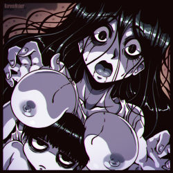 Rule 34 | 1boy, 1girl, :o, :|, artist name, bags under eyes, bare shoulders, between breasts, black hair, blank stare, bowl cut, breast rest, breasts, breasts on head, closed mouth, grey tongue, ju-on, karosu maker, long hair, looking at viewer, messy hair, mother and son, nipples, open mouth, pale skin, runny makeup, saeki kayako, saeki toshio, saeki toshio (ju-on), unaligned breasts, upper body, very long hair, wide-eyed