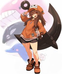 Rule 34 | anchor, bike shorts, black shorts, brown hair, dolphin, full body, guilty gear, guilty gear strive, hand in pocket, highres, karukan (monjya), long hair, long sleeves, looking at viewer, may (guilty gear), open mouth, orange footwear, orange headwear, orca, red eyes, shoes, shorts, skull and crossbones, solo, standing, teeth, whale