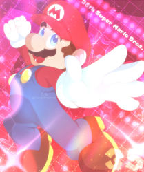 Rule 34 | 1boy, absurdres, anniversary, blue eyes, brown hair, facial hair, full body, gloves, grin, hand up, hat, highres, looking at viewer, mario, mario (series), mustache, nintendo, open mouth, overalls, smile, super mario bros. 1