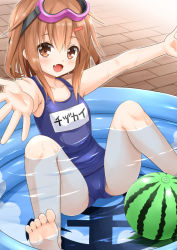 Rule 34 | 10s, 1girl, ball, barefoot, beachball, blush, brick floor, brown eyes, brown hair, fang, feet, floor, folded, food, food print, fruit, fujishima shinnosuke, goggles, goggles on head, hair ornament, hairclip, ikazuchi (kancolle), kantai collection, looking at viewer, name tag, one-piece swimsuit, open mouth, outstretched arms, partially submerged, pool, school swimsuit, short hair, solo, spread legs, swimsuit, toes, wading, water, watermelon