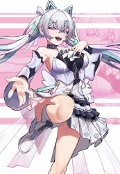 Rule 34 | 1girl, absurdres, arix cunnyslurper, ascot, bare shoulders, boots, breasts, crossed bangs, detached collar, detached sleeves, dress, frilled dress, frills, grey dress, grey hair, grey sleeves, hair between eyes, hair ornament, hairclip, highres, idol, karenina (punishing: gray raven), long hair, medium breasts, multicolored hair, official alternate costume, open mouth, punishing: gray raven, purple eyes, purple hair, sidelocks, solo, streaked hair, teeth, triangle hair ornament, twintails, upper teeth only, white ascot, wide sleeves, x hair ornament