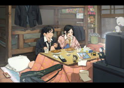 Rule 34 | 1boy, 1girl, absurdres, bad id, bad pixiv id, bed, black hair, black jacket, black necktie, black sweater, blush, bowl, collared shirt, controller, crt, cup, eating, food, highres, indoors, jacket, kotatsu, letterboxed, long hair, necktie, noodles, open mouth, original, pillow, pink sweater, remote control, shirt, side-by-side, sitting, sweater, table, tirabarigyunyu, tissue box, unworn jacket, watching television, white bomberman, white shirt, wooden floor