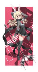 Rule 34 | 1girl, animal ears, text background, blonde hair, commission, drill hair, elin, glasses, hair ribbon, high heels, highres, holding, holding staff, long sleeves, necktie, open mouth, original, rabbit ears, rabbit tail, red eyes, ribbon, ringlets, round eyewear, scarf, skirt, staff, tail, tera online, thighhighs, wen9, zettai ryouiki