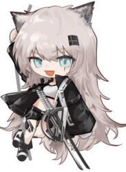 Rule 34 | 1girl, :d, animal ears, arknights, arm up, bandeau, black footwear, black jacket, black shorts, blue eyes, boots, chibi, chibi only, grey hair, holding, holding sword, holding weapon, jacket, lappland (arknights), long hair, long sleeves, looking at viewer, lowres, material growth, open clothes, open jacket, open mouth, oripathy lesion (arknights), runamonet, scar, scar across eye, shorts, smile, solo, sword, tail, very long hair, weapon, white bandeau, wolf ears, wolf girl, wolf tail