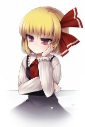 Rule 34 | 1girl, ascot, bad id, bad pixiv id, black dress, blonde hair, blush, closed mouth, dress, expressionless, frilled shirt collar, frilled sleeves, frills, glass table, hair ribbon, hand on own cheek, hand on own face, highres, long sleeves, looking away, looking down, marble (toy), pinafore dress, pink eyes, red ribbon, ribbon, rumia, shirt, short hair, simple background, sleeveless, sleeveless dress, solo, table, tanyatonya, touhou, white background, white shirt
