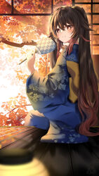 Rule 34 | 1girl, absurdres, back bow, blue kimono, blush, bow, branch, brown eyes, brown hair, closed mouth, commentary, eyelashes, floral print, flower-shaped pupils, genshin impact, gradient hair, hair between eyes, hand fan, hand up, highres, holding, holding fan, hu tao (genshin impact), japanese clothes, kimono, komiya latte, long hair, long sleeves, looking at viewer, looking back, multicolored hair, obi, paper fan, porch, print kimono, sash, shouji, sidelocks, sitting, sliding doors, smile, solo, split mouth, symbol-shaped pupils, tree, twintails, uchiwa, very long hair, wide sleeves, yagasuri, yellow bow