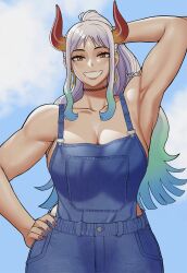 Rule 34 | 1girl, alternate costume, artist name, bare shoulders, blue sky, breasts, cloud, cloudy sky, earrings, gradient hair, gradient horns, gud0c, highres, horns, jewelry, large breasts, long hair, looking at viewer, multicolored hair, multicolored horns, muscular, muscular female, one piece, orange eyes, overalls, sidelocks, sky, smile, solo, white hair, yamato (one piece)