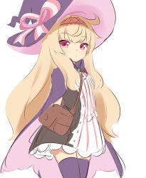 Rule 34 | 1girl, absurdres, ahoge, bag, blonde hair, cape, closed mouth, cowboy shot, dot mouth, dress, hairband, hat, highres, klaius, little witch nobeta, long hair, looking at viewer, nobeta, purple cape, purple headwear, purple thighhighs, red eyes, short dress, shoulder bag, simple background, solo, standing, thighhighs, two-sided cape, two-sided fabric, white background, witch hat