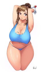 Rule 34 | 1girl, armpits, arms up, bad id, bad pixiv id, blue panties, body writing, breasts, brown eyes, brown hair, cleavage, covered erect nipples, curvy, hair ornament, harry (dudwofla), highres, huge breasts, long hair, looking at viewer, matching hair/eyes, mei (overwatch), overwatch, overwatch 1, panties, parted lips, plump, solo, thick thighs, thighs, underwear, wide hips