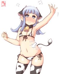 Rule 34 | 1girl, puff of air, alternate costume, animal ears, animal print, armpits, arms up, artist logo, bell, bikini, blue eyes, blue hair, commentary request, covered erect nipples, cow ears, cow horns, cow print, cow tail, cowbell, cowboy shot, cursor, dated, fake animal ears, fake horns, flat chest, groin, hatsukaze (kancolle), highres, hime cut, horns, kanon (kurogane knights), kantai collection, long hair, looking at viewer, lowleg, lowleg bikini, micro bikini, one-hour drawing challenge, simple background, solo, swimsuit, tail, thighhighs, white background, white bikini, white thighhighs