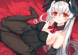 Rule 34 | 1girl, alternate costume, black gloves, black pantyhose, bow, breasts, detached collar, dragon girl, dragon horns, elbow gloves, fate/grand order, fate (series), fishnet pantyhose, fishnets, gloves, grey hair, hair bow, horns, kiyohime (fate), kiyohime (third ascension) (fate), large breasts, leotard, long hair, morizono shiki, multiple horns, no shoes, pantyhose, playboy bunny, ponytail, red eyes, solo