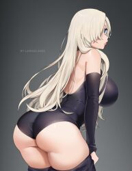 Rule 34 | 1girl, absurdres, artist name, ass, black leotard, blonde hair, blue eyes, breasts, closed mouth, elizabeth liones, hair over one eye, highres, lanhai, large breasts, leotard, lips, long hair, looking at viewer, nanatsu no taizai, shoulder blades, simple background, smile, solo, undressing