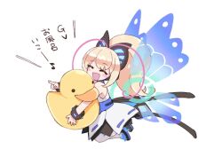 Rule 34 | 1girl, aihira (aihira12), antenna hair, azure striker gunvolt, azure striker gunvolt 2, blonde hair, blush stickers, butterfly hair ornament, butterfly wings, chibi, closed eyes, commentary request, dress, energy wings, hair ornament, high ponytail, holding, insect wings, long hair, lumen (gunvolt), multicolored hair, pink hair, rubber duck, simple background, strapless, strapless dress, translation request, two-tone hair, white background, white dress, wings