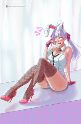 Rule 34 | 1girl, a mimishi, animal ears, black clover, blush, breasts, cleavage, embarrassed, fake animal ears, fingerless gloves, fishnet thighhighs, fishnets, gloves, grey hair, high heels, highres, large breasts, leotard, long hair, noelle silva, nose blush, on ground, pink footwear, pink gloves, playboy bunny, pumps, purple eyes, rabbit ears, shoes, solo, stiletto heels, thighhighs, twintails, white leotard