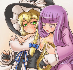 Rule 34 | 2girls, armpit hair, armpits, black gloves, black headwear, blonde hair, blue bow, blue ribbon, blunt bangs, blush, bow, braid, breasts, bright pupils, brown background, cleavage cutout, clothing cutout, commentary request, cookie (touhou), covered erect nipples, dress, fang, gloves, grabbing another&#039;s hair, green eyes, hair bow, hat, hat bow, kirisame marisa, large breasts, long hair, looking at another, mars (cookie), multiple girls, open mouth, otemoto (baaaaloooo), partially fingerless gloves, patchouli knowledge, purple dress, purple eyes, purple hair, rei no himo, ribbon, side braid, single braid, sleeveless, sleeveless dress, taisa (cookie), touhou, underbust, upper body, white bow, white dress, white pupils, witch hat