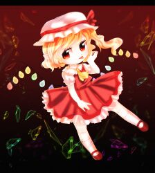Rule 34 | 1girl, absurdres, artist name, ascot, black background, blonde hair, chibi, collared shirt, dark background, dungeon toaster, flandre scarlet, frilled shirt collar, frilled skirt, frills, gradient background, hat, hat ribbon, highres, letterboxed, mary janes, medium hair, mob cap, multicolored wings, one side up, pointy ears, puffy short sleeves, puffy sleeves, rainbow order, red background, red eyes, red footwear, red ribbon, red skirt, red vest, ribbon, shattered, shirt, shoes, short sleeves, simple background, skirt, socks, solo, tongue, tongue out, touhou, vest, white hat, white shirt, white socks, wings, yellow ascot