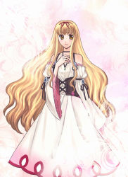 Rule 34 | 1girl, 74, blush, brown eyes, brown hair, dress, frilled dress, frills, gensou suikoden, gensou suikoden v, jewelry, long hair, luserina barows, necklace, smile, solo, very long hair