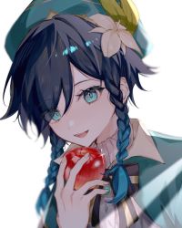 Rule 34 | 1boy, androgynous, apple, beret, black hair, blue hair, braid, cape, collared cape, collared shirt, commentary, dutch angle, eyes visible through hair, flower, food, fruit, genshin impact, gradient hair, green cape, green eyes, green hat, hair flower, hair ornament, hat, holding, holding food, holding fruit, leaf, looking at viewer, male focus, multicolored hair, open mouth, shirt, short hair with long locks, side braids, sidelocks, simple background, smile, solo, symbol-only commentary, twin braids, venti (genshin impact), white background, white flower, white shirt, yozi 8
