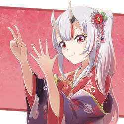 Rule 34 | 1girl, absurdres, blush, closed mouth, commentary request, fang, fang out, floral background, floral print, flower, hair flower, hair ornament, hands up, highres, hilamaru, hololive, horns, japanese clothes, kimono, long hair, long sleeves, looking at viewer, multicolored hair, nail art, nail polish, nakiri ayame, nakiri ayame (new year), off shoulder, oni, ponytail, print kimono, red eyes, red flower, red hair, red kimono, skin-covered horns, smile, solo, streaked hair, upper body, v, very long hair, virtual youtuber, white flower, wide sleeves