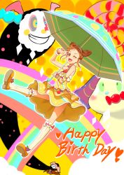 Rule 34 | 10s, 1girl, aikatsu!, aikatsu! (series), arisugawa otome, blush, brown eyes, brown hair, charlotte (madoka magica), clearite, cone hair bun, food, fruit, grapes, hair bun, happy birthday, heart, highres, looking at viewer, mahou shoujo madoka magica, mahou shoujo madoka magica (anime), one eye closed, open mouth, rainbow, smile, umbrella, wink