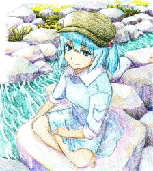 Rule 34 | 1girl, bad id, bad pixiv id, barefoot, blouse, blue eyes, blue hair, colored pencil (medium), female focus, flower, graphite (medium), hair bobbles, hair ornament, hand on leg, hat, indian style, kawashiro nitori, long sleeves, looking at viewer, matching hair/eyes, pocket, rock, shiratama (hockey), shirodama, shirt, short hair, sitting, skirt, sleeves rolled up, smile, solo, stream, touhou, traditional media, twintails, two side up
