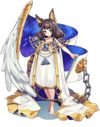 Rule 34 | 1girl, animal ear fluff, animal ears, ankh, ark order, barefoot, blue eyes, brown hair, cane, cape, chain, choker, constellation print, dress, ear piercing, eye of horus, feathered wings, feathers, fox ears, full body, gold trim, hair tubes, jewelry, lion tail, long hair, looking at viewer, mao ren tv xiao z, official art, piercing, pillar, short eyebrows, sidelocks, single wing, solo, sphinx (ark order), tachi-e, tail, transparent background, two-sided cape, two-sided fabric, white cape, white dress, white feathers, white wings, wings