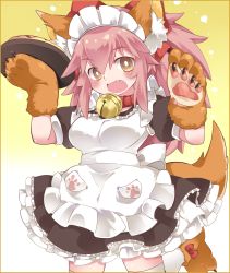 Rule 34 | 1girl, animal ear fluff, animal ears, animal hands, bell, blush, bow, breast hold, breasts, collar, eyebrows, fang, fate/grand order, fate (series), food, fox ears, fox tail, gloves, hair bow, hammer (sunset beach), jingle bell, long hair, looking at viewer, maid, maid headdress, omelet, omurice, open mouth, paw gloves, paw shoes, pink hair, plate, ponytail, shoes, skirt, smile, solo, tail, tamamo (fate), tamamo cat (fate), tamamo cat (second ascension) (fate), tamamo no mae (fate/extra), thighhighs, white thighhighs, yellow eyes