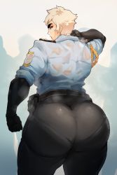 Rule 34 | 1girl, ass, blonde hair, blue eyes, breasts, eyebrows, from behind, highres, huge ass, jujunaught, large breasts, mature female, miffu (donaught), pantylines, police, police uniform, policewoman, shirt, short hair, solo, thick eyebrows, thick thighs, thighs, uniform, wet, wet clothes, wet shirt