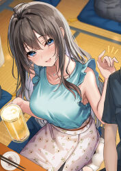 Rule 34 | 1girl, absurdres, ahoge, beer mug, blue eyes, blue shirt, blurry, blurry background, blush, breasts, chopsticks, collarbone, commentary request, cup, depth of field, drunk, frilled shirt, frills, grey hair, hair between eyes, heart, heart-shaped pupils, highres, holding, holding cup, indoors, jewelry, large breasts, long hair, looking at viewer, mug, necklace, no shoes, open mouth, original, people, seiza, shirt, sidelocks, sitting, skirt, sleeveless, sleeveless shirt, smile, socks, solo focus, sweatdrop, symbol-shaped pupils, tatami, white skirt, white socks, yufou