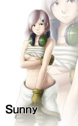 Rule 34 | 1girl, breasts, brown eyes, character name, clothes around waist, clothes lift, ear protection, gloves, groin, hair ornament, hairclip, jumpsuit, long hair, metal gear (series), metal gear rising: revengeance, navel, no bra, parted bangs, purple hair, shirt lift, solo, striped, sunny emmerich, swept bangs, tank top, thor (deep rising), underboob, zoom layer