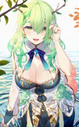 Rule 34 | 1girl, :d, antlers, blush, braid, braided bangs, breasts, ceres fauna, cleavage, dress, flower, gloves, green hair, green nails, hair between eyes, hair flower, hair ornament, highres, hololive, hololive english, horns, jewelry, kusaka souji, long hair, looking at viewer, mole, mole under eye, nail polish, open mouth, single braid, smile, solo, virtual youtuber, wading, yellow eyes