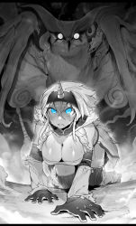 Rule 34 | 1girl, absurdres, all fours, breasts, cleavage, confused, crawling, detached sleeves, downblouse, drooling, fake horns, gloves, glowing, glowing eyes, greyscale, hairband, highres, horns, kirin (armor), large breasts, malfestio, monochrome, monster, monster hunter (series), niwarhythm, parted lips, ringed eyes, single horn, spot color, strapless, tube top