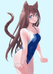 Rule 34 | 1girl, absurdres, animal ears, blue background, blue eyes, blue one-piece swimsuit, brown hair, cat ears, cat tail, competition swimsuit, cowboy shot, highleg, highleg swimsuit, highres, long hair, macosee, one-piece swimsuit, original, paw print, simple background, smile, solo, standing, swimsuit, tail, two-tone swimsuit